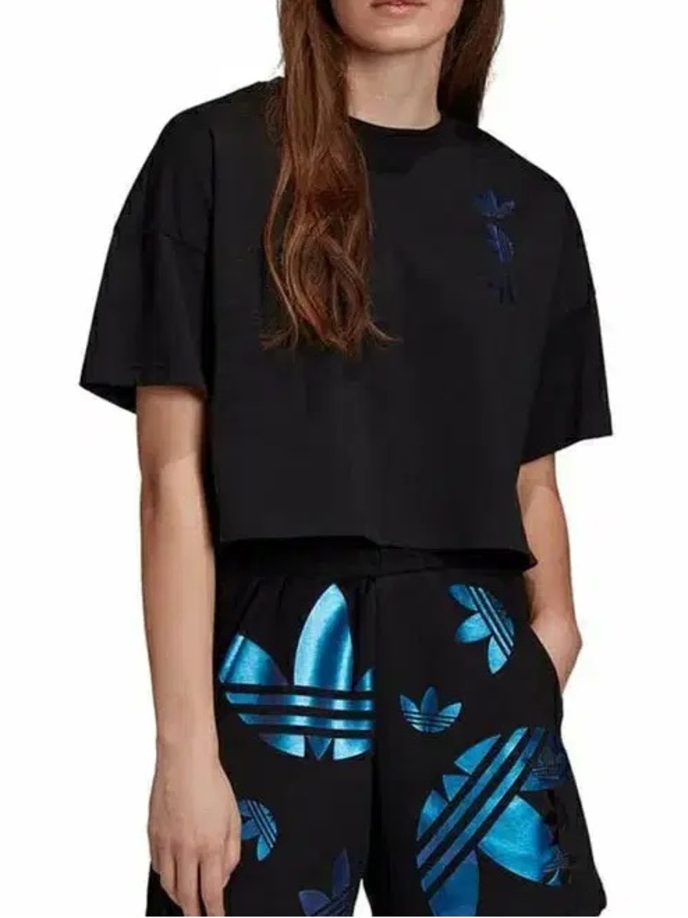 Adidas Originals Metallic Blue Holographic Big Logo Shorts & Cropped T-Shirt